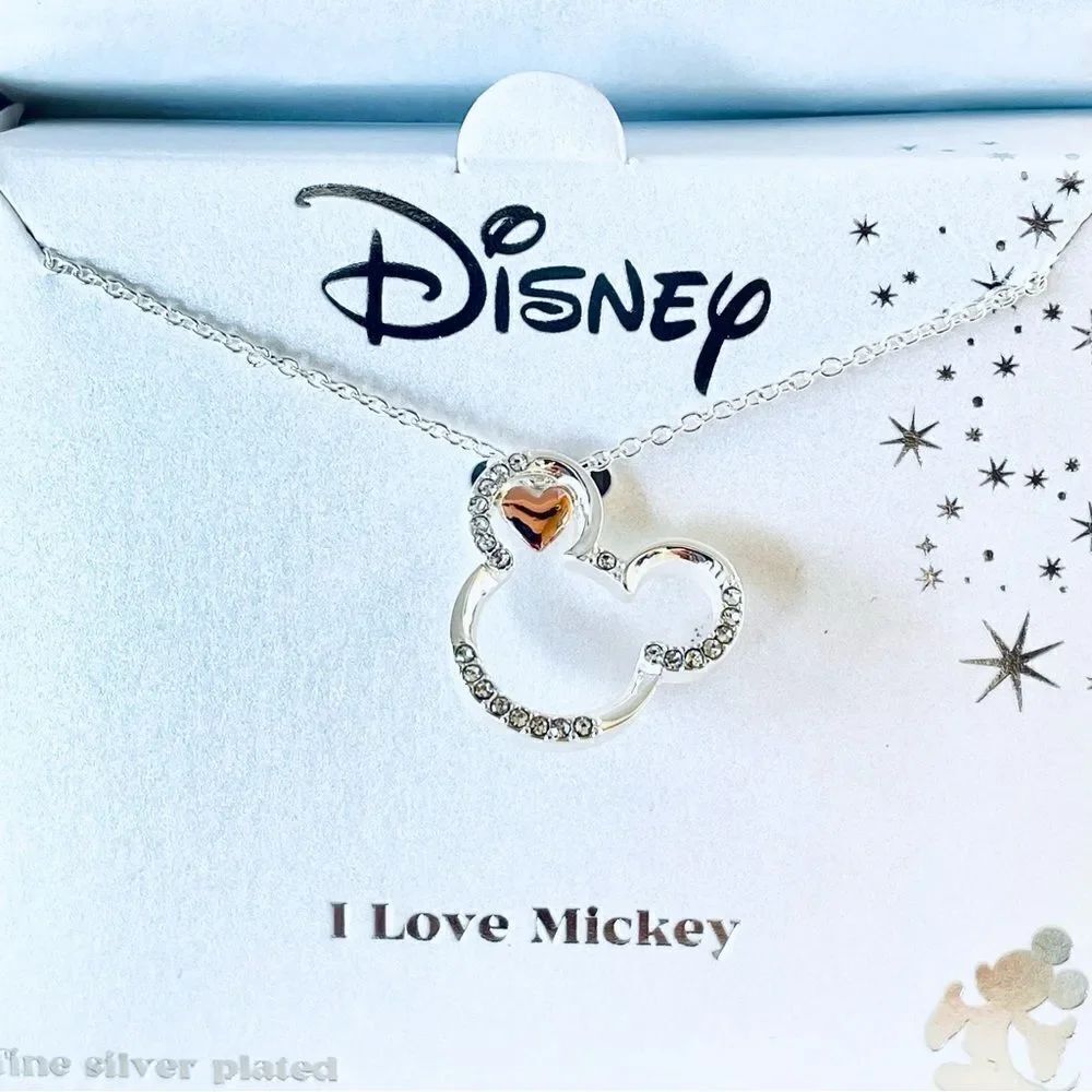 NWT Disney I Love Mickey Fine Silver Pleated Mickey Embellished Pendant Necklace